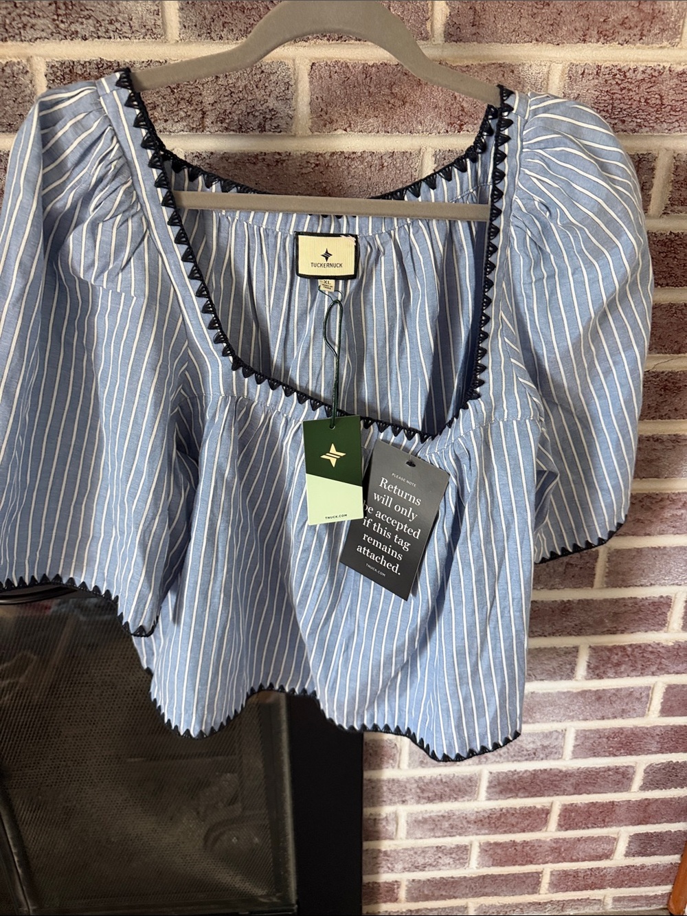 Tuckernuck Blue and White Striped Square Neck Crop Top with Black Trim
